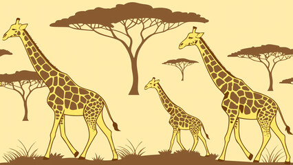 African safari scene with giraffes family under acacia trees, warm yellow background, wildlife silhouette landscape illustration.