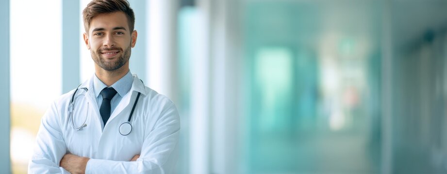 The confident doctor smiling in a modern healthcare environment.