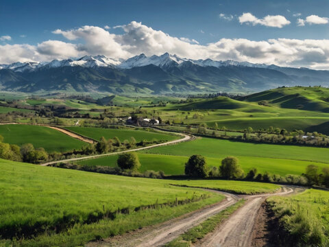 Verdant Rolling Hills Under Snow Capped Mountains landscape green fields
