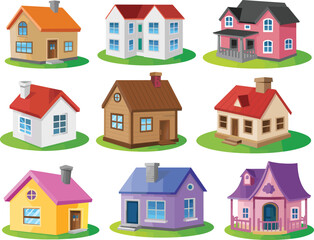 Cartoon House Icon Set, Colorful Vector Homes, Residential Building Illustrations, Cute Architecture Design Elements for Real Estate and Game Graphics