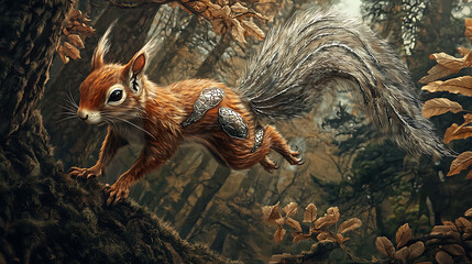 Naklejka premium An enchanting digital painting of a swift red squirrel with unique silver markings, leaping through a vibrant autumn forest.