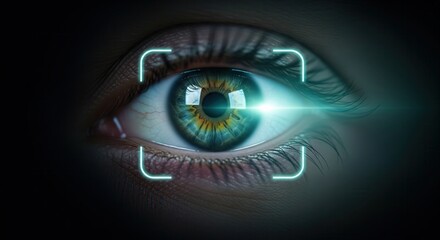 A detailed human eye with blue and green iris, scanned by a light beam and highlighted by glowing corner brackets, symbolizing biometric scanning and eye-tracking technology.