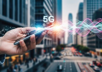 A hand holds a smartphone displaying "5G" with colorful data streams, symbolizing fast wireless technology against a city backdrop.