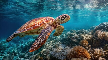 Obraz premium Majestic Sea Turtle in Vibrant Coral Reef