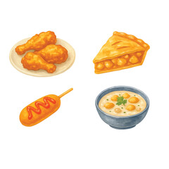 American Food Watercolor Pack #6—Fried Chicken, Apple Pie, Corn Dog, Clam Cowder. Watercolor Illustration. Design Element. Clip art. Suitable for artwork design.
