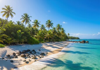 A pristine tropical beach with white sand, turquoise water, and lush palm trees under a clear blue sky, evoking a serene paradise.