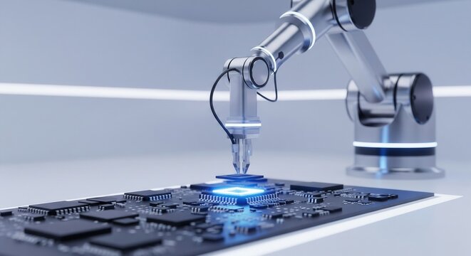 A robotic arm precisely places a glowing blue microchip onto a circuit board, symbolizing automation in electronics manufacturing.