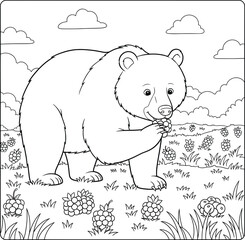 Adorable Cartoon Bear Eating Berries in Meadow — Wildlife Coloring Page for Kids, Simple Nature-Themed Black and White Line Art Illustration