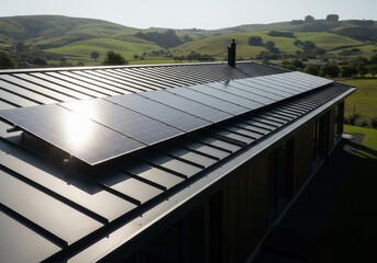 A modern house with solar panels on its roof, set against rolling green hills under a bright sky, symbolizing sustainable energy.