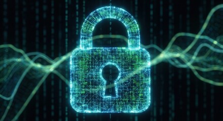 A glowing blue padlock, formed from digital circuits and data streams, symbolizes cybersecurity and secure online protection.