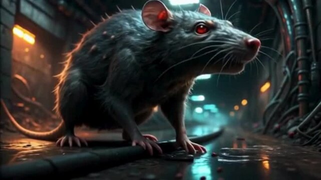 Ugly big rat wit red eyes toucing the floor 