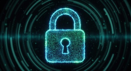 A glowing blue padlock, formed from digital circuits and data streams, symbolizes cybersecurity and secure online protection.