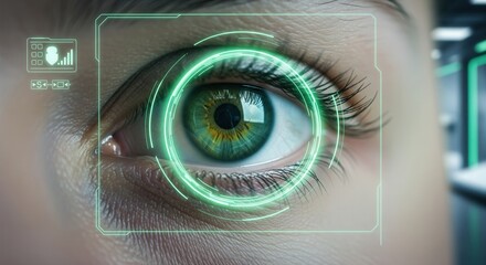 A detailed close-up of a human eye with a green digital interface overlay, symbolizing biometric scanning or advanced technology.