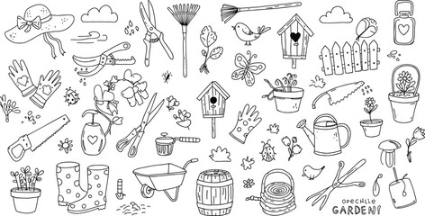 Hand-Drawn Gardening Icons – Tools, Plants, Birds, Insects, and Spring Garden Elements for Farmhouse, Nature, and Outdoor Design