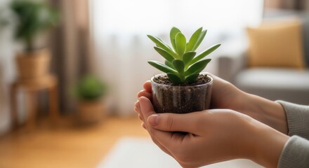 A person gently holds a small succulent plant in a clear pot, symbolizing care, growth, and nature indoors.