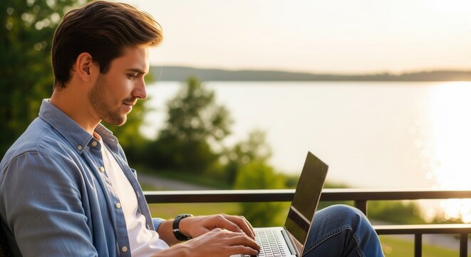 A young man uses a laptop on a balcony overlooking a lake at sunset, symbolizing remote work and digital nomadism.