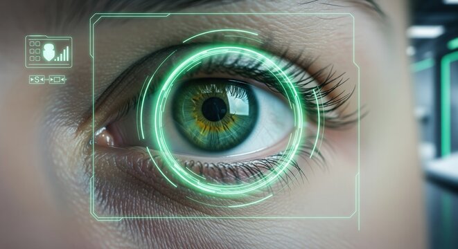 A detailed close-up of a human eye with a green digital interface overlay, symbolizing biometric scanning or advanced technology.