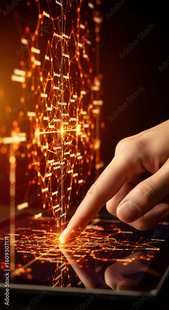 Poster finger interacts with glowing orange network on tablet screen, representing data connection, digital