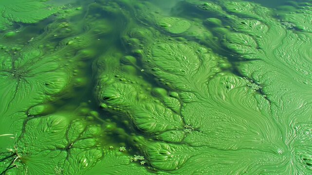 Vivid green algae bloom on a water surface, creating a dense, intricate pattern
