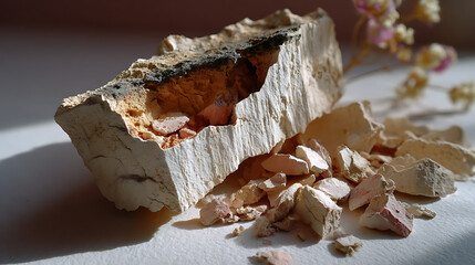 Fractured Clay Shard on Recycled Paper in Warm Beige Tone Close-Up View of Natural Texture Artistic Photography