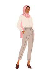 Muslim businesswoman wearing a pink scarf, blouse, and tan pants, standing full length. Flat vector illustration  isolated on transparent background. Professional, modern, and confident look.