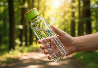 A hand holds a reusable glass water bottle in a sunlit forest, promoting hydration and sustainability outdoors.