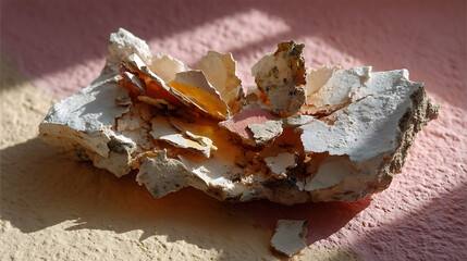 Fractured Clay Shard on Recycled Paper Warm Beige Background Artistic Photography Natural Texture Close-Up Abstract Concepts