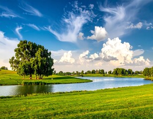 Serene landscape with vibrant greenery, tranquil waters, and expansive sky vista