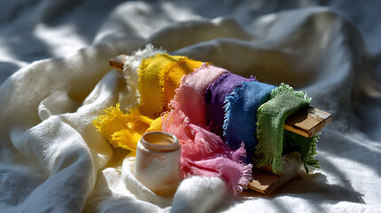 Handdyed Linen Fabric Collection Studio Setup Flatlay Photography Warm Natural Lighting Artistic Perspective Colorful Textures