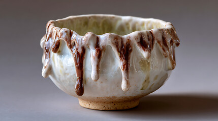 Handformed Clay Pottery with Glaze Drips Artisan Workshop Ceramic Art Offwhite Tones Close-up Unique Craftsmanship