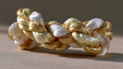 Artisan Rope Crafting Hand-Twisted Golden Loop on Recycled Paper Studio Art Minimalist Environment Close-Up View Sustainable Concept