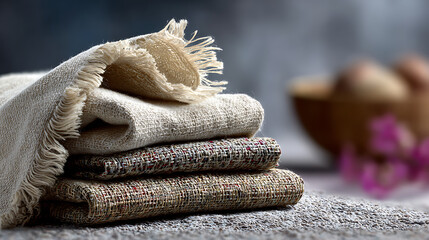 Crafting Elegance Macro Shot of Folded Linen and Handwoven Fabric Rustic Studio Textile Photography Cozy Atmosphere Close-up View