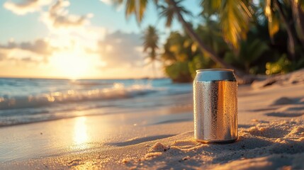 Sea Beach in the afternoon with a cocktail or soft drink in a white aluminium can