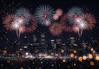 A cityscape at night illuminated by a vibrant fireworks display and city lights.