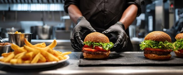 The chef expertly assembles a gourmet burger with fresh ingredients and fries.