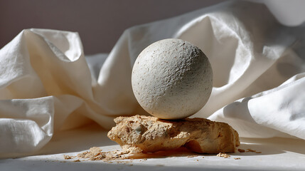 Artistic Creation of One Hand-Thrown Clay Sphere on Recycled Paper Artistic Studio Photography Minimalist Setting High Angle Eco-Friendly Concept