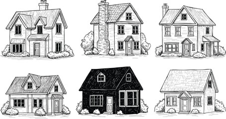 Hand-Drawn House Sketch Set, Vintage Architectural Illustrations, Black and White Home Designs for Real Estate, Blueprint, and Creative Projects