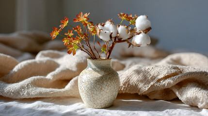 Charming Ceramic Bud Vase with Crackle Glaze and Cotton Stems Cozy Home Interior Still Life Photography Bright Natural Light Aesthetic Decor