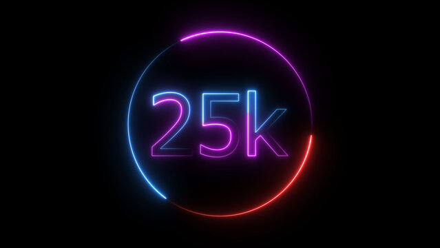 Glowing neon 25K text illustration on black background. Glowing neon line 25k Ultra HD icon isolated.
