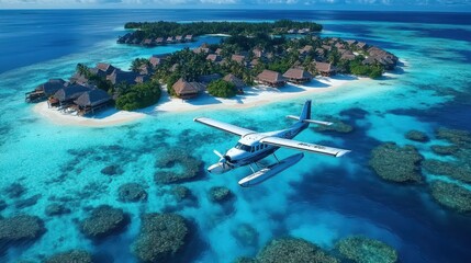 Seaplanes Landing in Turquoise Waters near Maldive Island, Scene of Nature and Adventure