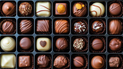 Box of assorted gourmet chocolate pralines in gift packaging, overhead view, ideal for advertising and promo material for candy and chocolate store
