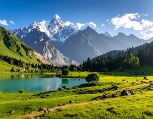 Serene mountain lake panorama surrounded by verdant meadows and dramatic peaks offering tranquility