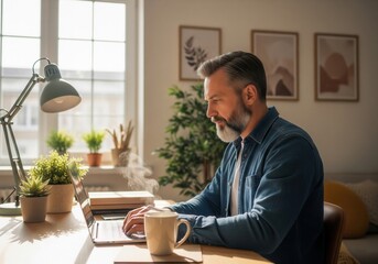 A bearded man works on his laptop at a sunlit desk, sipping from a mug.