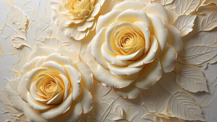 Delicate ivory and yellow roses in a beautiful bas-relief floral sculpture, a romantic and elegant design for celebrations.