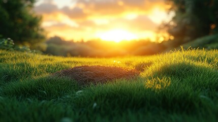 Sunset over ant hill in grassy field