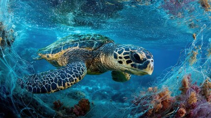 Fototapeta premium Ocean's Cry: A Hawksbill Turtle Entangled