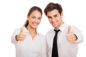 Smiling man and woman in white shirts giving thumbs up isolated on a transparent background couple business
