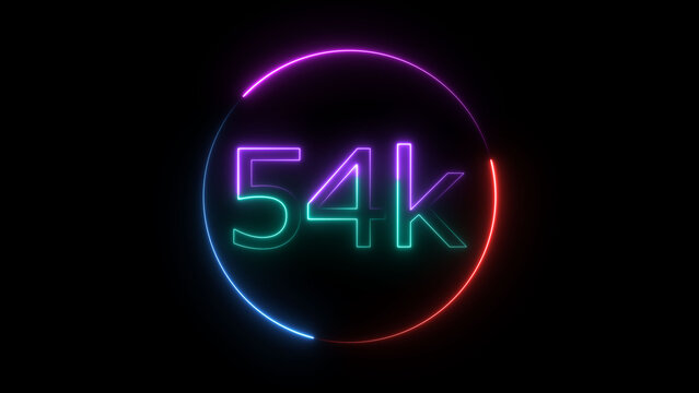Glowing neon 54K text illustration on black background. Glowing neon line 54k Ultra HD icon isolated.