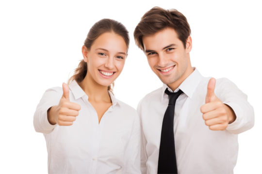 Smiling man and woman in white shirts giving thumbs up isolated on a transparent background couple business