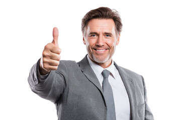 Smiling man in grey suit and tie giving thumbs up gesture isolated on a transparent background male adult